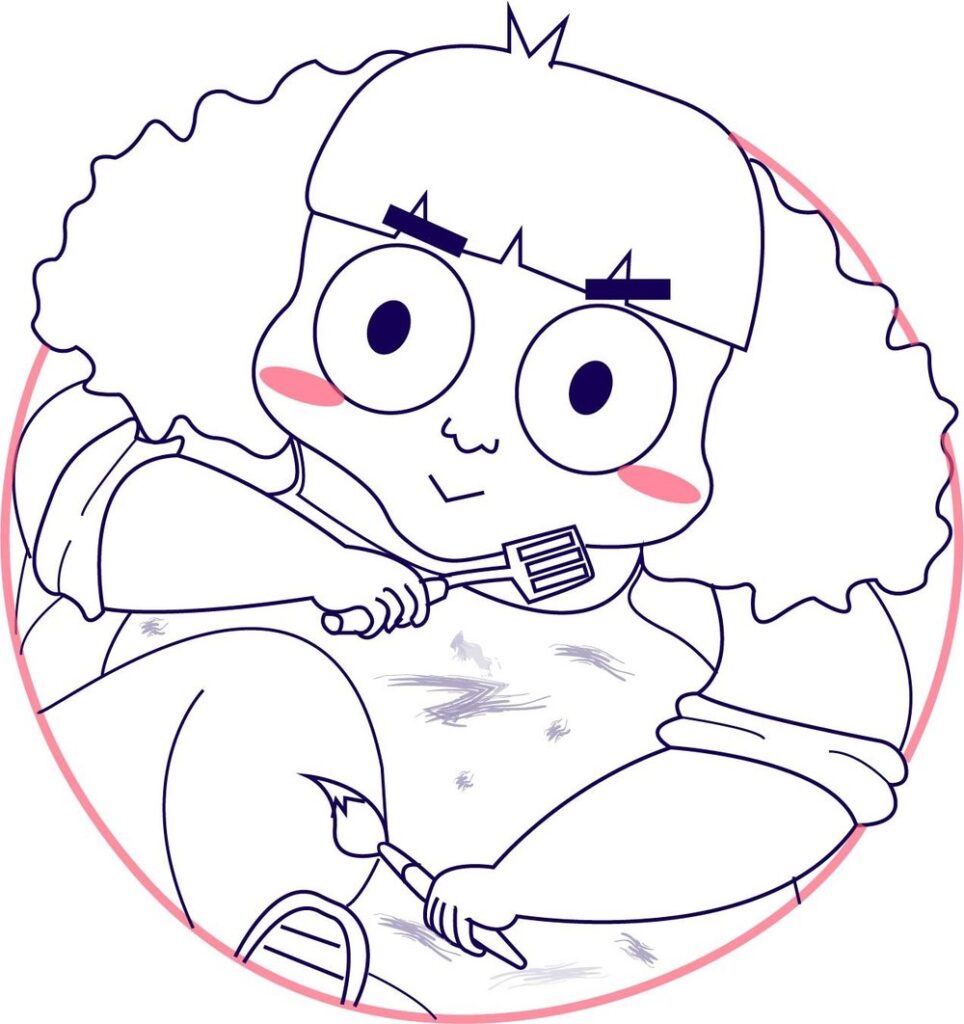 Muchen portrait line drawing of Muchen Wang with big hair and pink cheeks