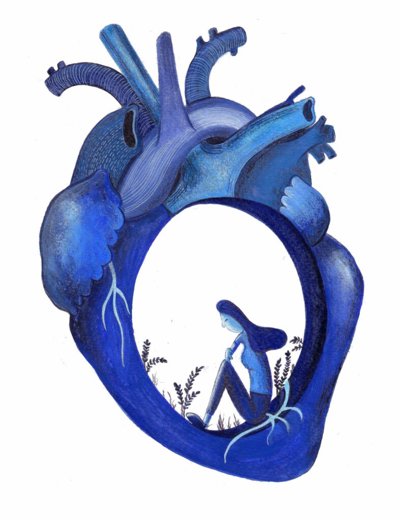 a blue heart with a hole through it, and a woman and plants sitting at the bottom of the hole.