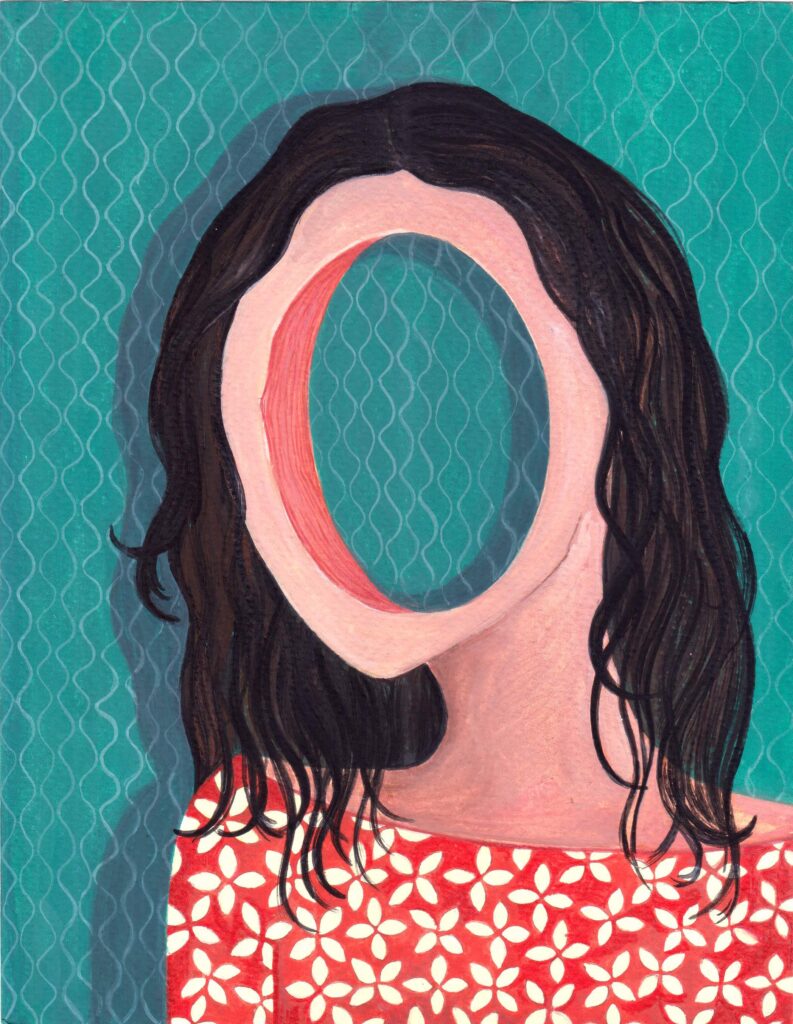A portrait with a hole through the face. Instead of being gruesome, it's empty.