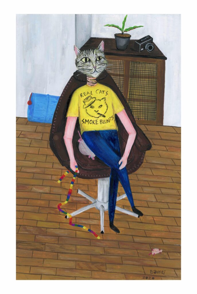A human with a gray cat head, wearing a t-shirt that says: Real Cats Smoke Blunts