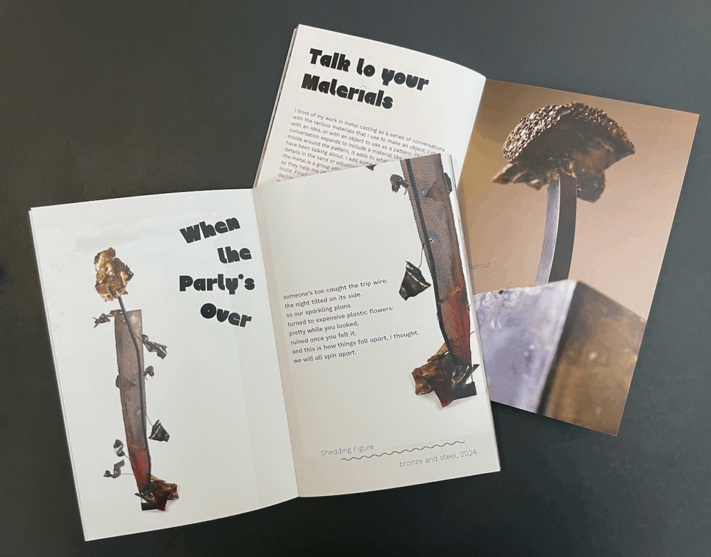 2 open copies of "My Toe is on the Trip Wire" exhibition catalog with page titles saying "when the party's over" and "talk to your materials"