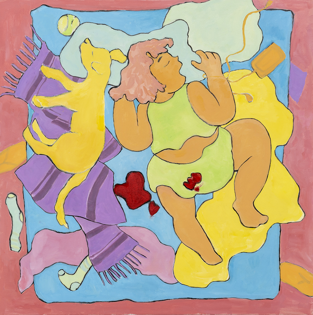 painting of a full figured woman sleeping in bed on her stomach. Her period is leaking through her underwear and has stained the bed next to her from where she just rolled over. Her dog is laying next to her.