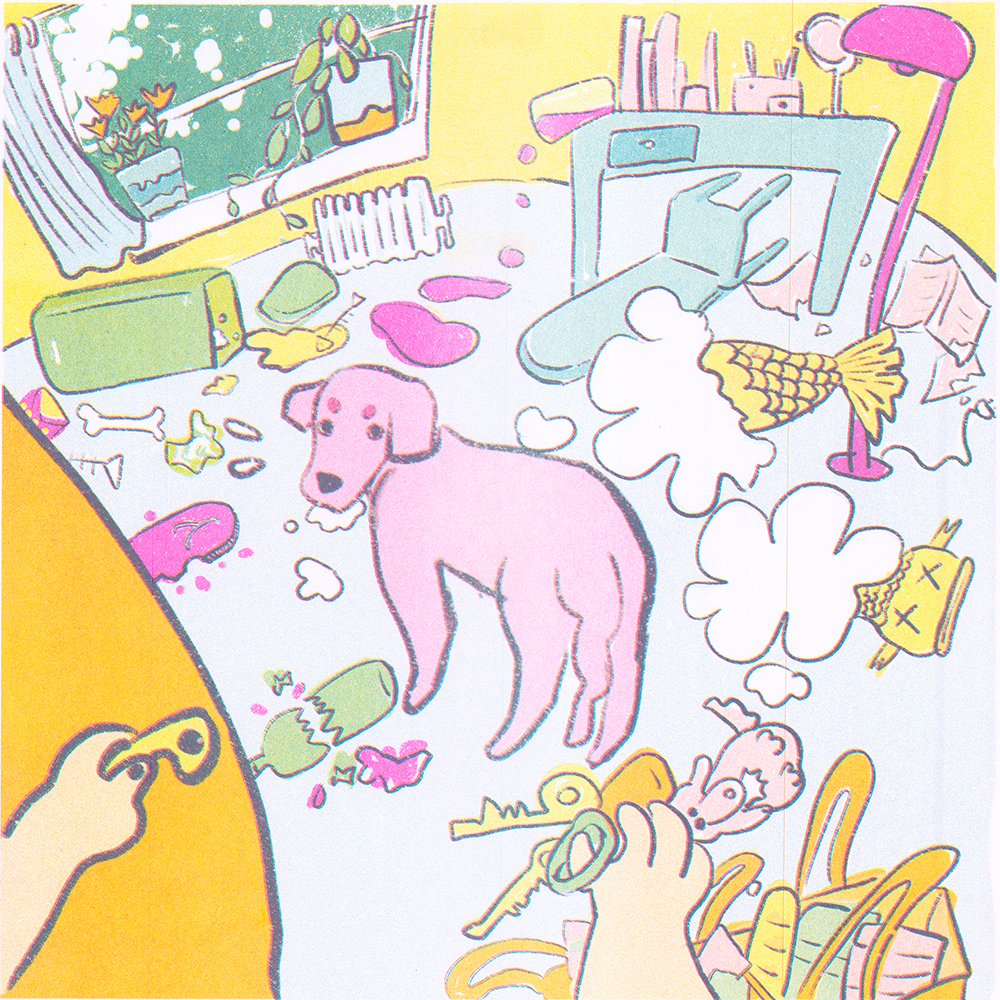 risograph of a person coming home to their dog having torn apart their home