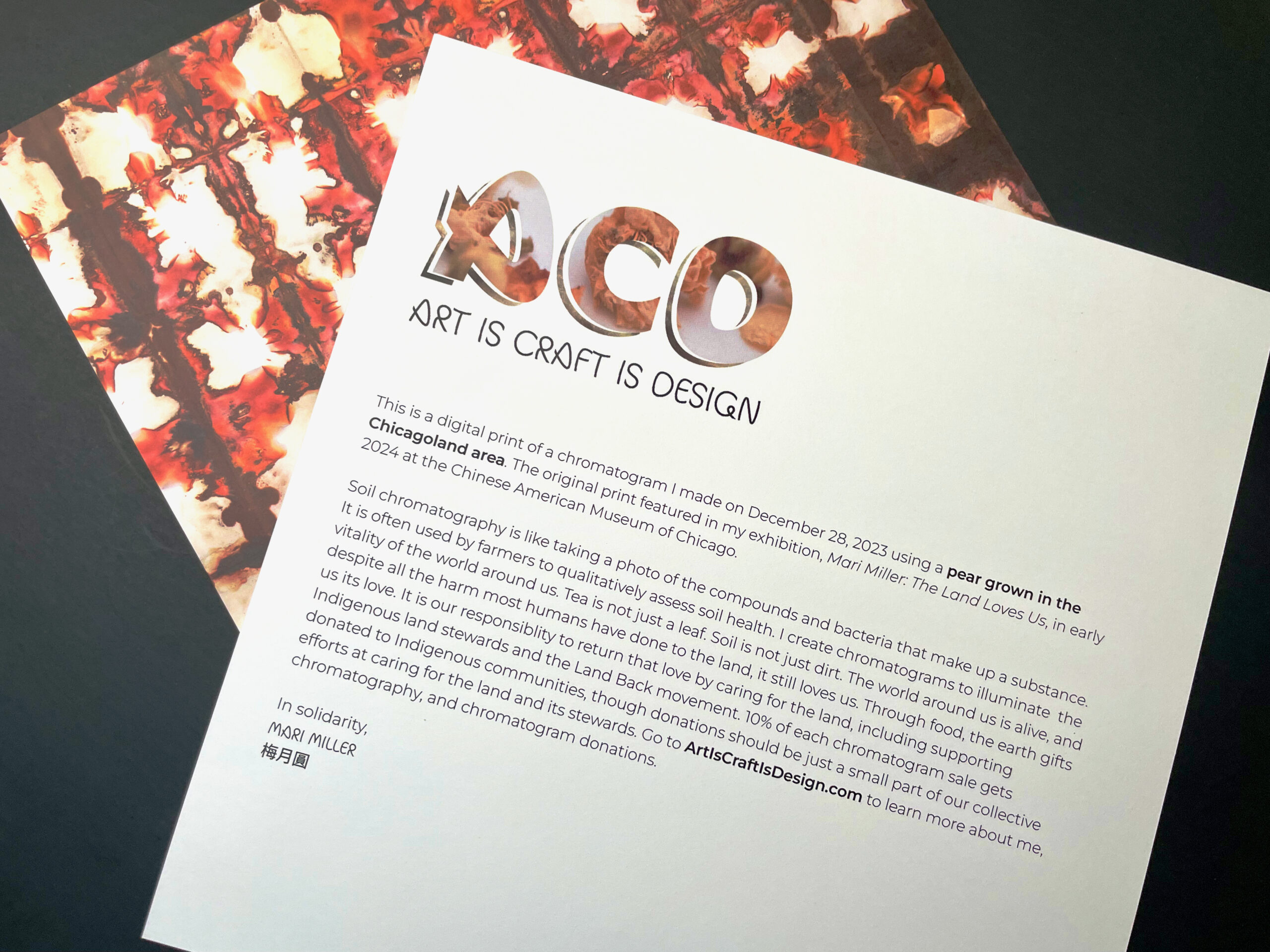 the back of the chromatogram print, featuring the Art is Craft is Design logo and text telling the story of the print