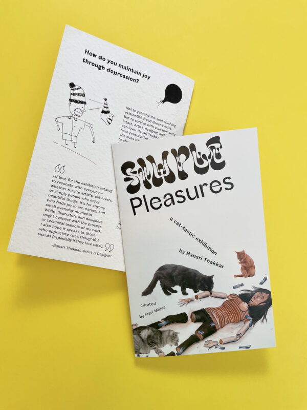 Two Simple Pleasures exhibition catalogs laying on top of each other, the top one shows the front cover featuring cats eating a dismembered woman, and the bottom shows the back of the book with simple line drawings