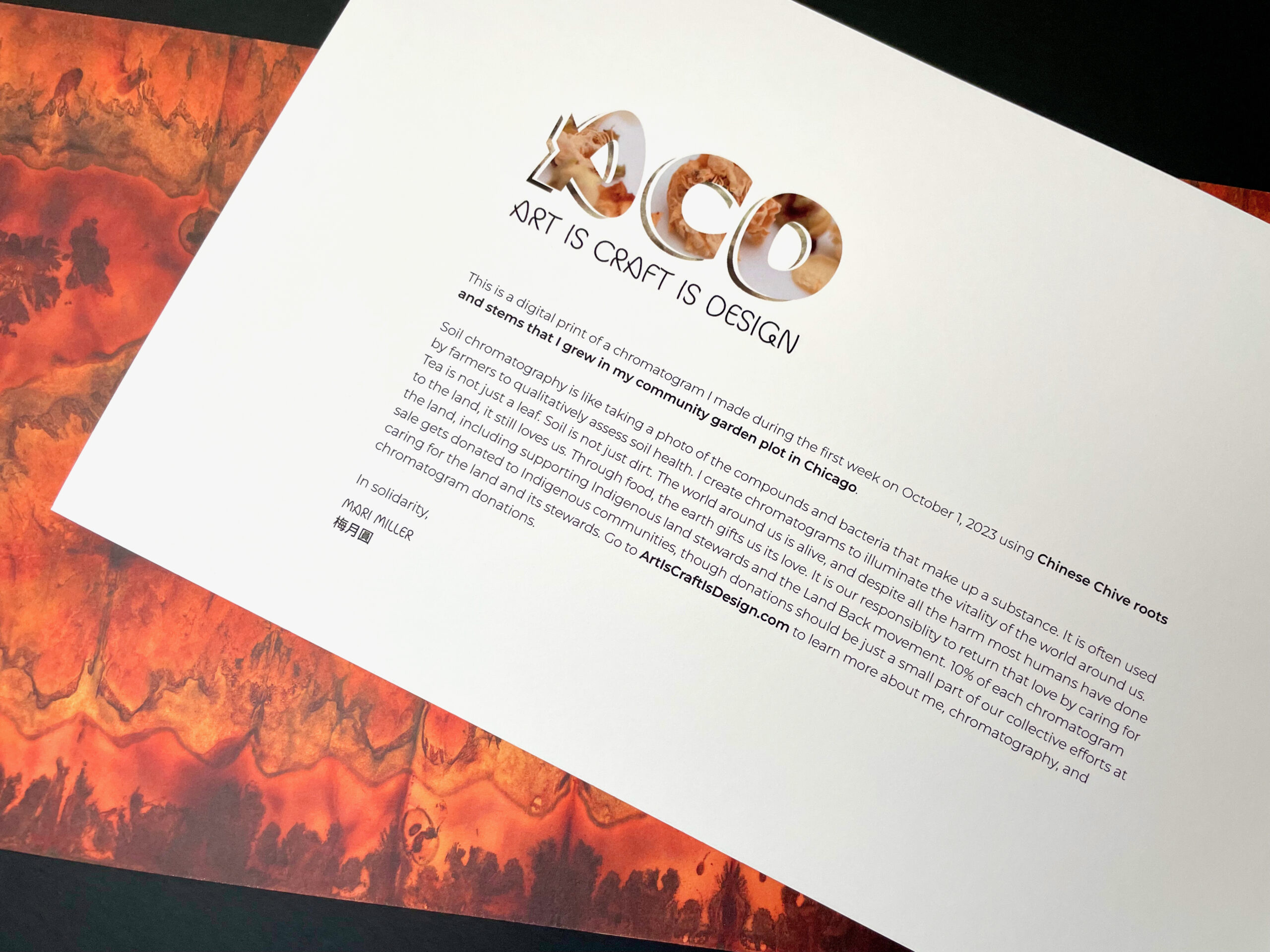 the back of the chromatogram print, featuring the Art is Craft is Design logo and text telling the story of the print