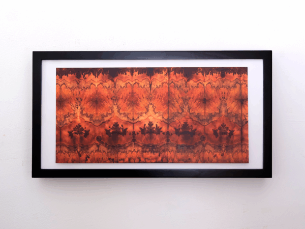 a chromatogram featuring bursts of red repeating acorss the print. It is hanging in a black frame.