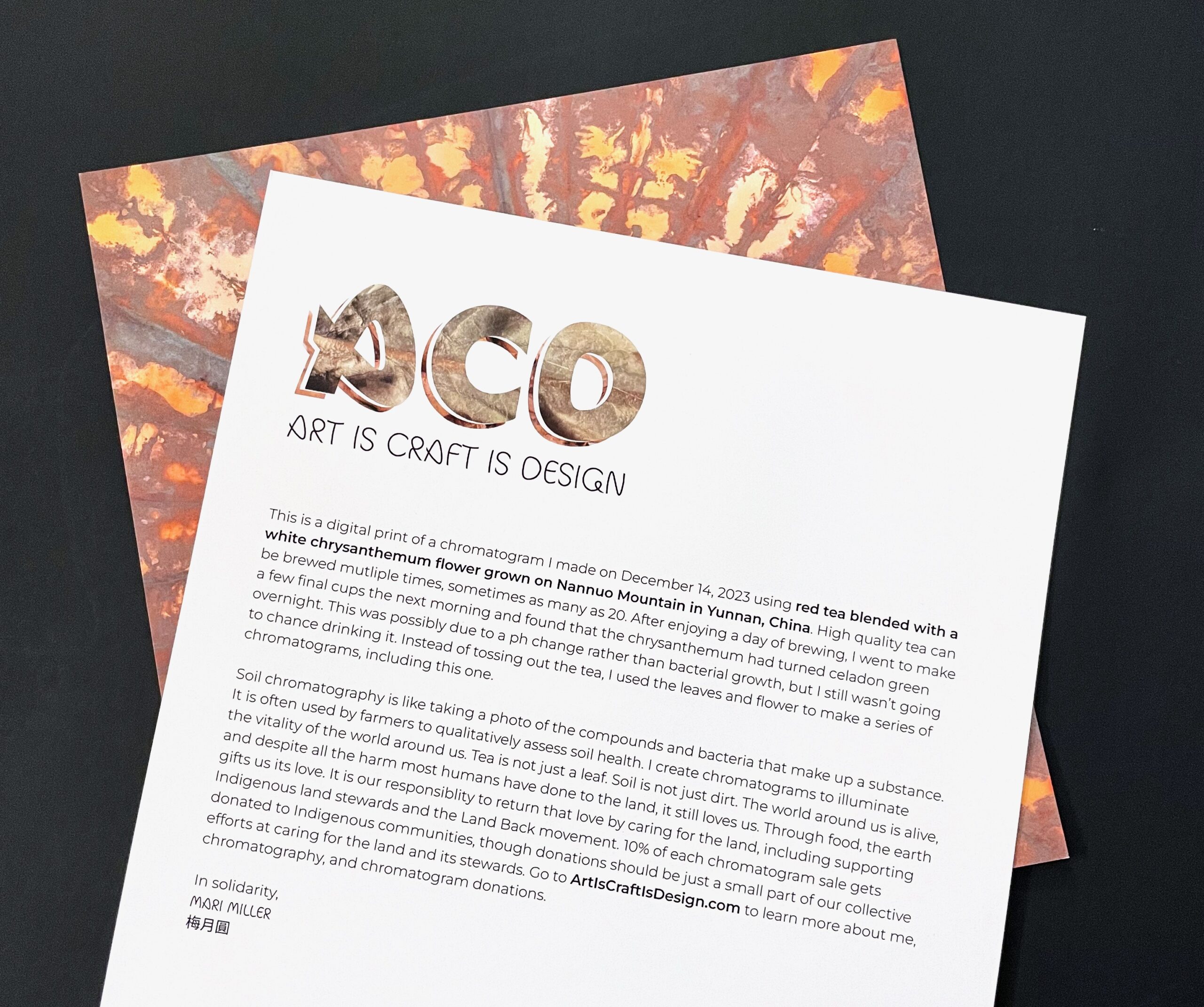 the back of the chromatogram print, featuring the Art is Craft is Design logo and text telling the story of the print