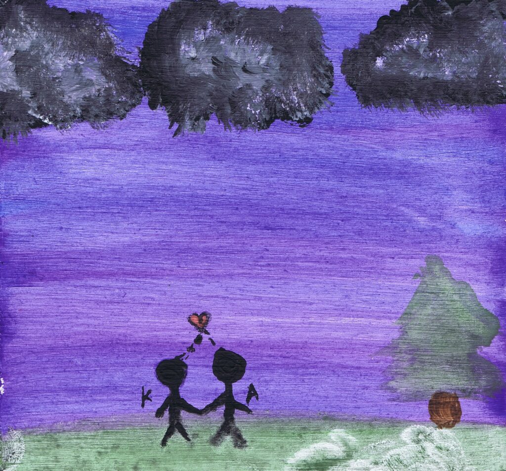 painting of two stick figures holding hands with a cloudy, purple sky